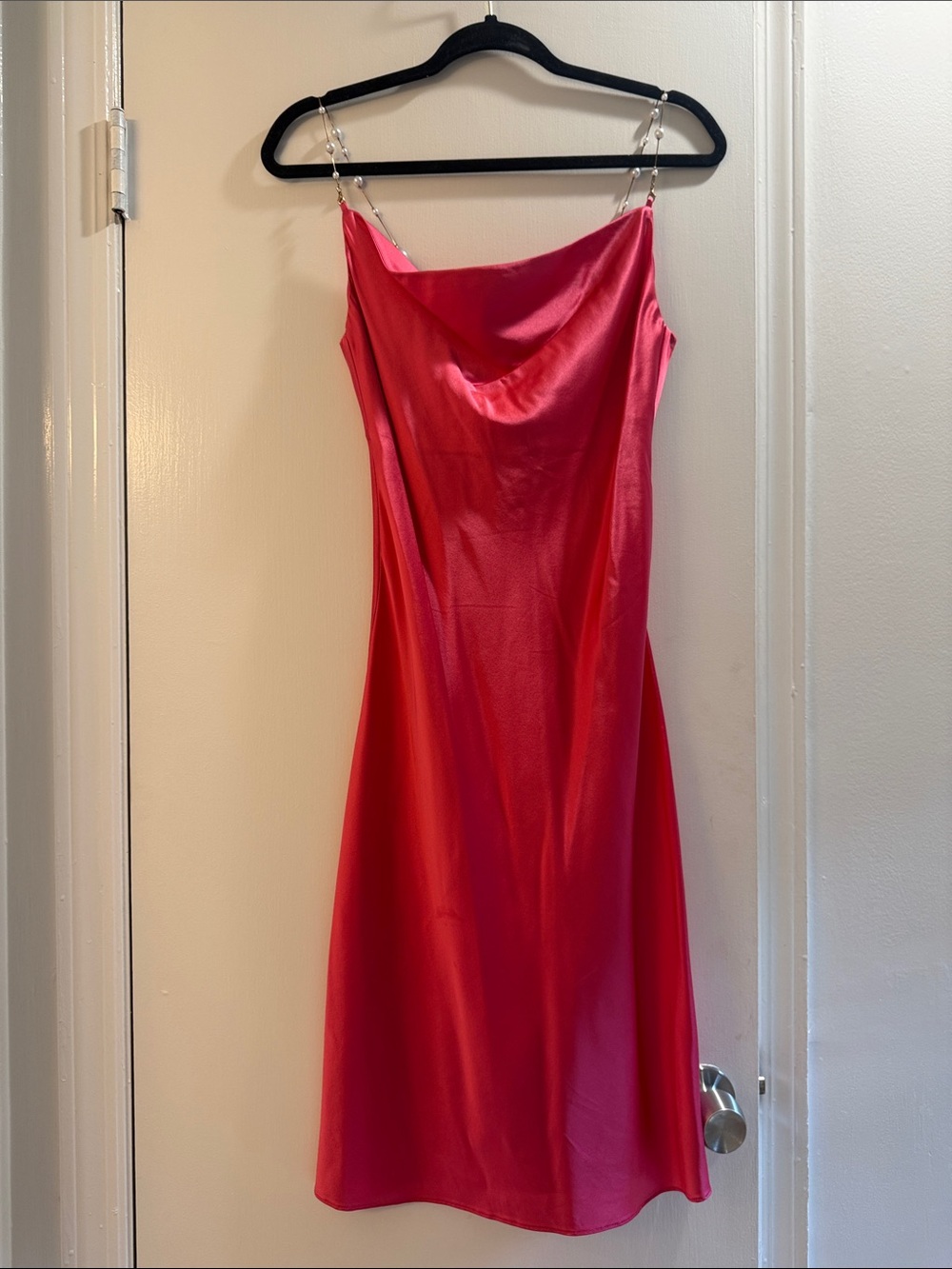 Julie Brown Hot Pink Satin Cowl Midi Dress with Gold Chain + Faux Pearl Straps